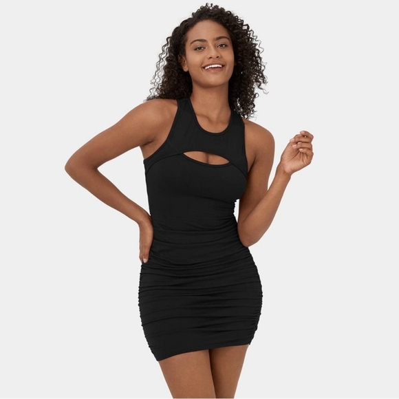 HALARA Round Neck Cut Out Backless Racerback Ruched Bodycon Dress Red Violet/XL - Picture 2 of 6